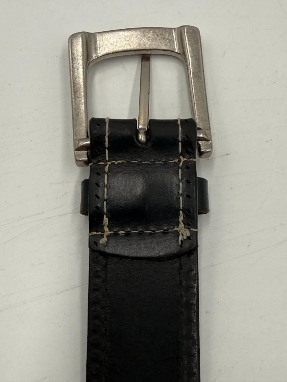 Black Genuine Leather Belt with White Stitching Size 34 Silver Buckle 1 3/8